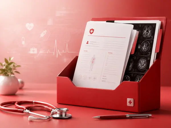 Medical records in a red tray with MRI/CT imaging, a stethoscope, and a pen on a red desk surface.