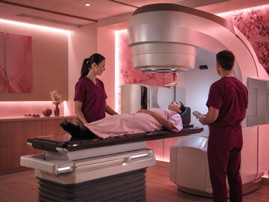 Patient lies on an MRI table with two clinicians in burgundy scrubs standing by in a pink-lit imaging room ready for a scan.