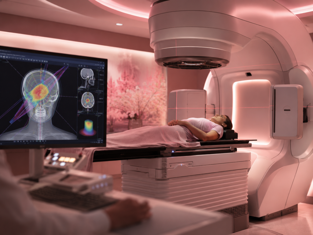 Patient lying on MRI table inside a large MRI scanner while a monitor shows brain scans and 3D brain model signals.