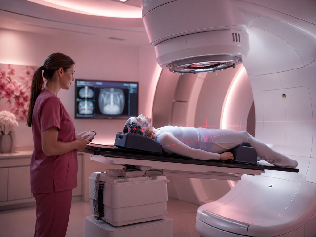 Patient lying on a treatment table inside a large radiotherapy machine, a clinician in pink scrubs operates the control panel nearby.