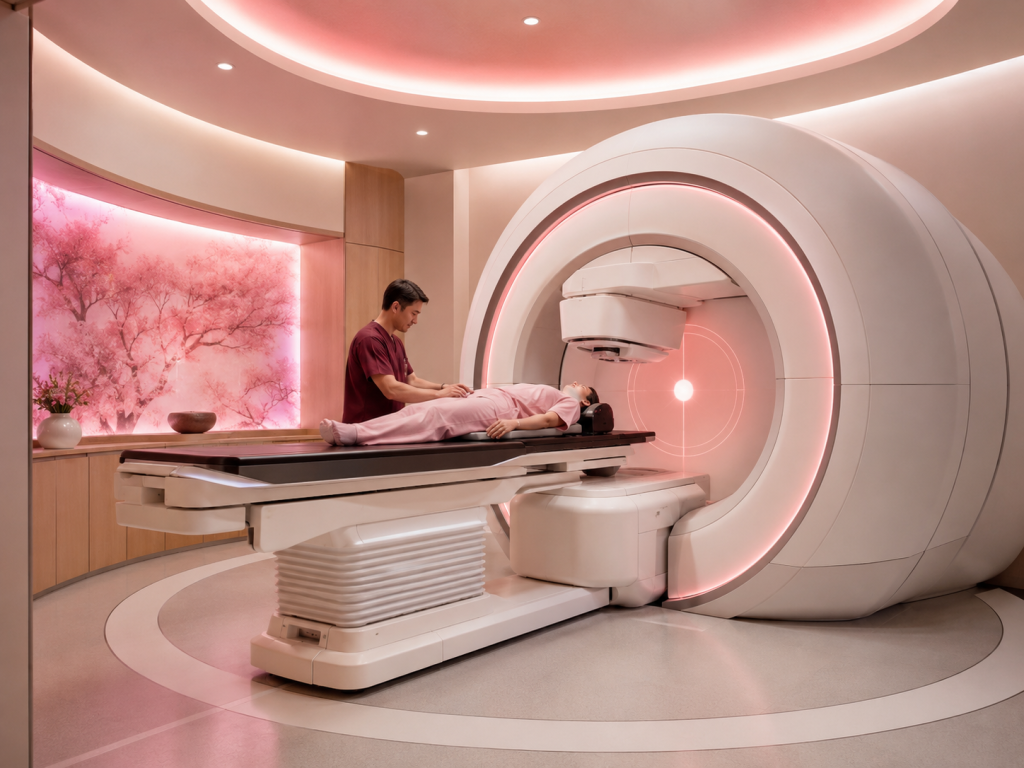 Patient lying on an MRI table as a technician prepares to scan inside a large white MRI machine in a pink-lit room.