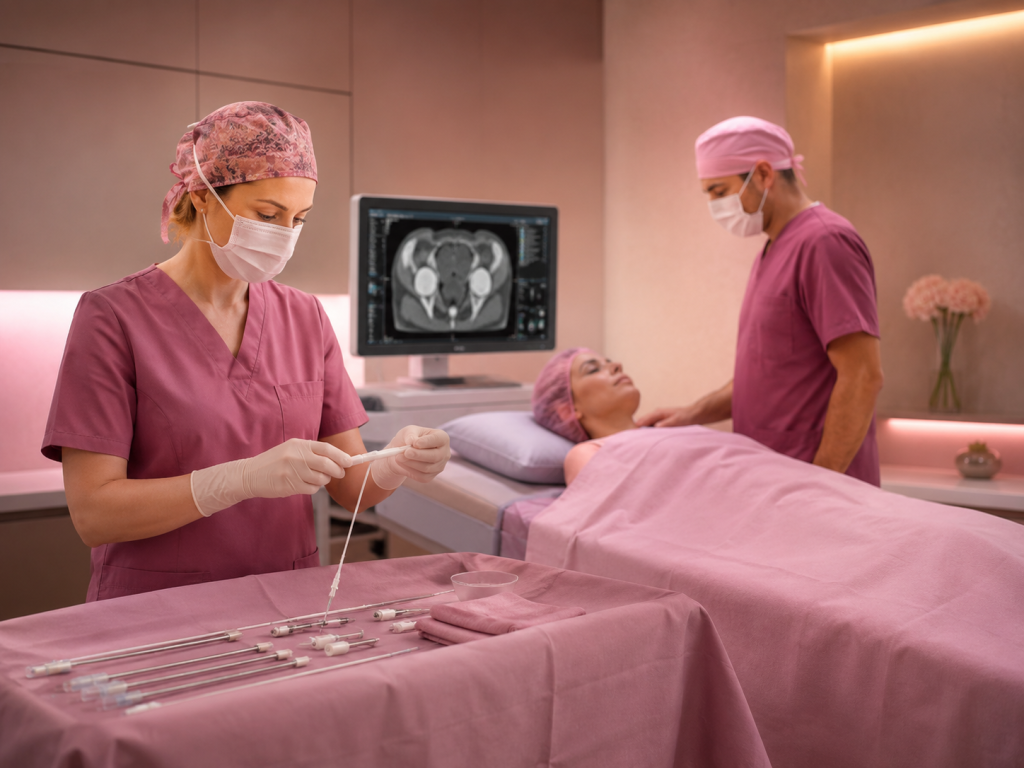 Surgeon in pink scrubs and mask prepares sterile instruments at a pink-draped table beside a patient on an operating table, in an OR setting.