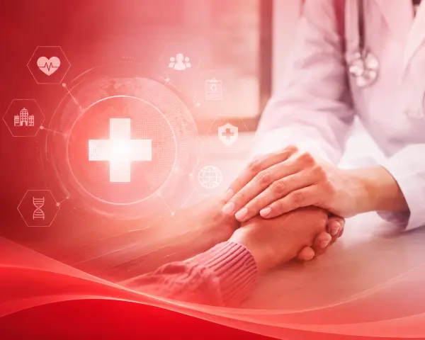 Doctor gently holds a patient's hands in a clinical setting with a glowing medical cross icon in the background, signaling care and support.