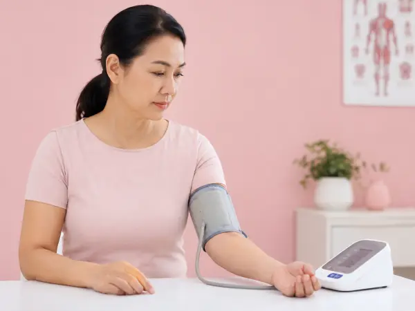 Woman in a pink shirt sits at a table, checking her blood pressure with a cuff and digital monitor.