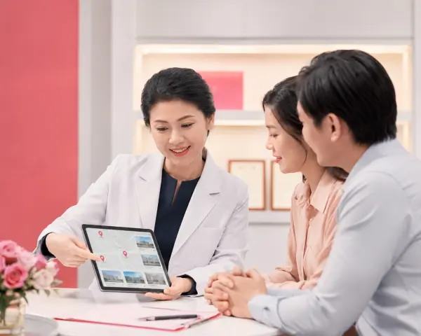 Professional woman in a white blazer shows a tablet with maps to a couple in a bright office environment while discussing.