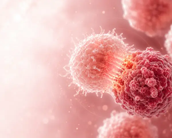 Close-up illustration of two pink cells with surface projections touching against a soft pink glow.