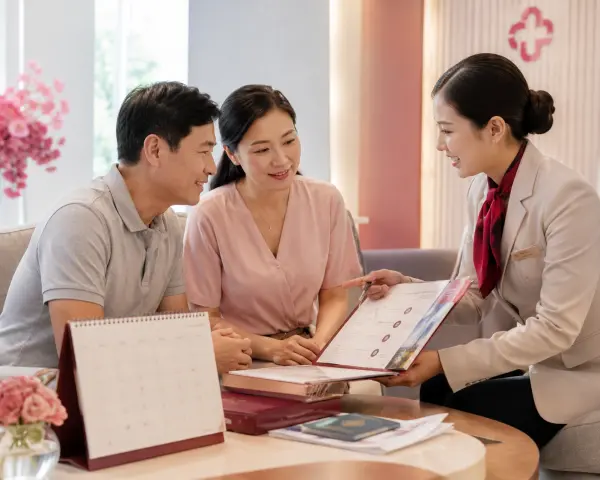 Couple consults with a clinic staff member, reviewing a brochure together at a reception area.