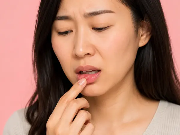 Woman with a pensive expression touching her lip, pink background behind her.