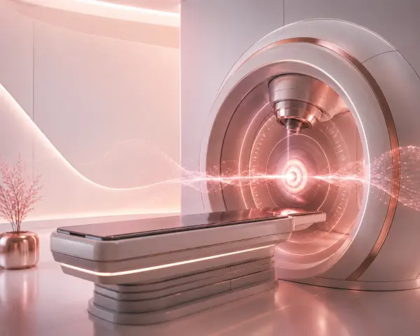 Futuristic MRI scanner with a sliding patient bed entering a circular bore, glowing pink energy lines suggestive of imaging.