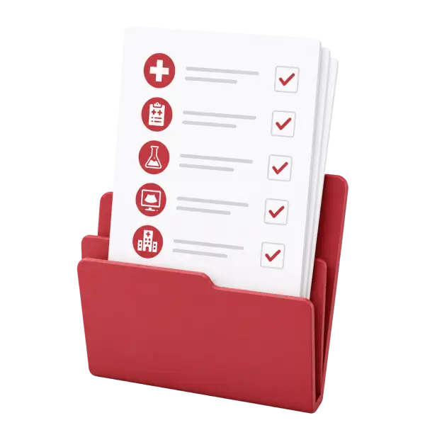 Red folder with stacked medical checklist documents showing red circular icons and checkmarks, representing a patient records or task list in healthcare.