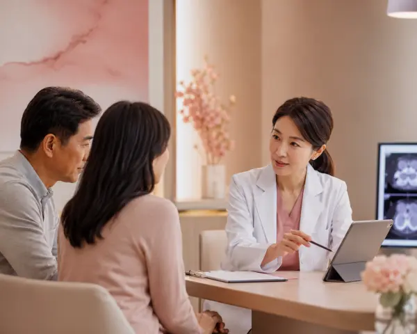 Female clinician in a white coat consults with a couple at a clinic, using a tablet on the table.