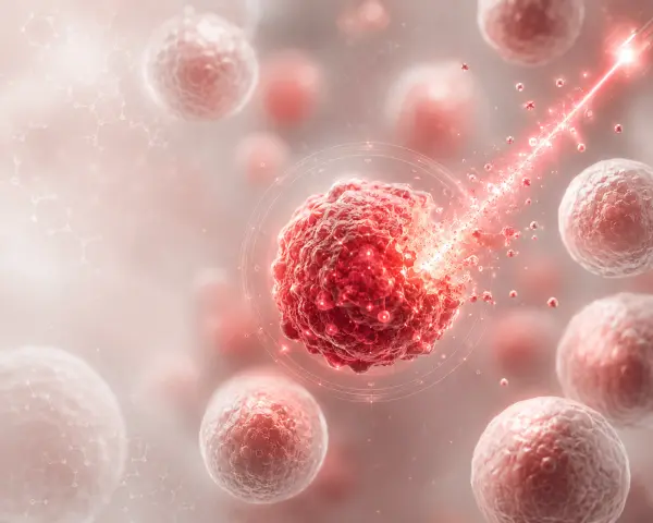 A red cancer cell being hit by a laser beam amid surrounding white blood cells.