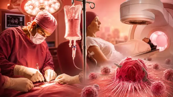Surgical team performing an operation in an OR, with a pink cancer cell illustration on the right.